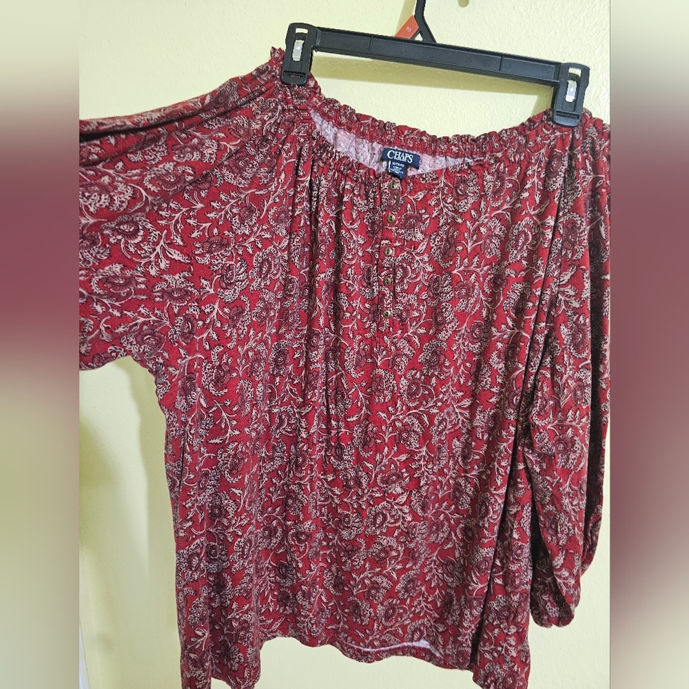 Chaps Red Paisley Peasant Blouse with Button Front